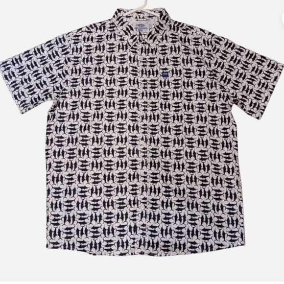 AFTCO Mens Fishing Shirt L Vented Short Sleeve Marlin Swordfish Button Down Fish - Picture 1 of 13